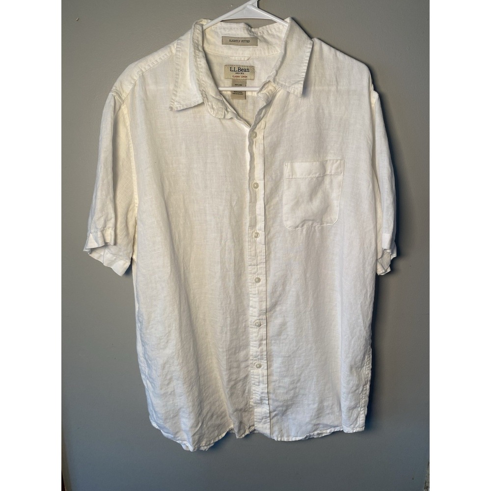 L.L. Bean Men's White Classic Linen Slightly Fitted Button-Up Shirt Sz L